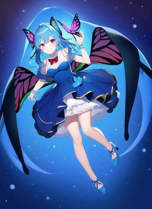1girl, butterfly hair ornament, blue dress, blue bowtie, blue footwear, wings, b s-112386876.png