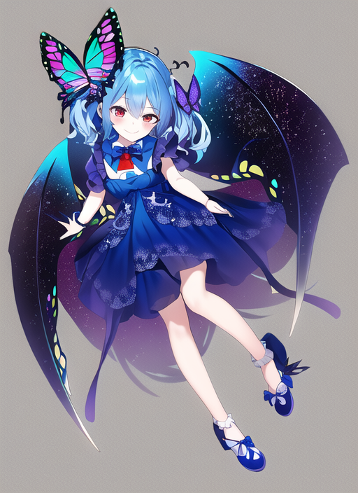1girl, butterfly hair ornament, blue dress, blue bowtie, blue footwear, wings, b s-2531972328.png