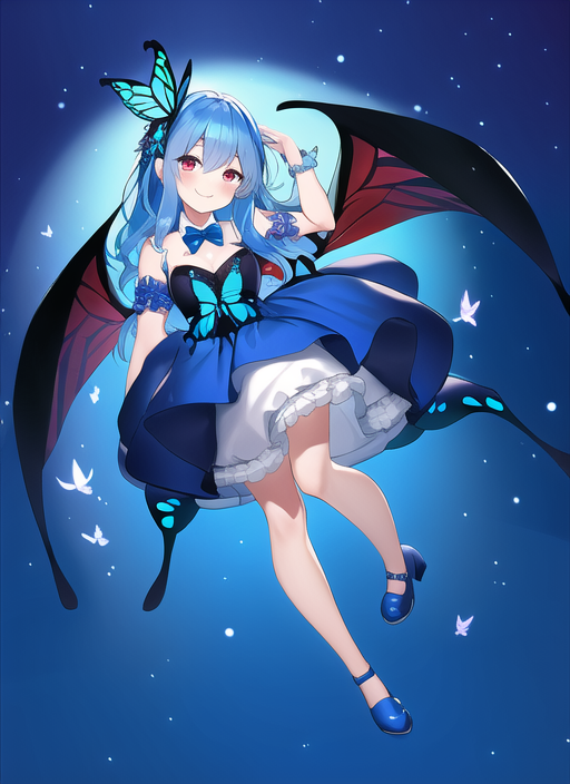 1girl, butterfly hair ornament, blue dress, blue bowtie, blue footwear, wings, b s-3465318006.png