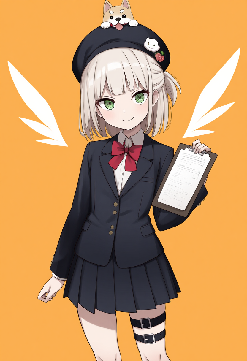 1girl, watercolor (medium), orange background, portrait, clipboard s-3729683588.png