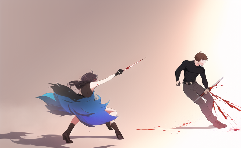 a brown haired man in a black turtleneck getting stabbed by a magical girl,{ 1gi s-363590008.png