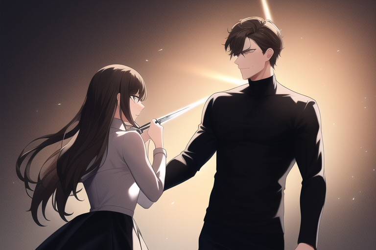 a brown haired man in a black turtleneck getting stabbed by a magical girl, 1gir s-3472427485.png