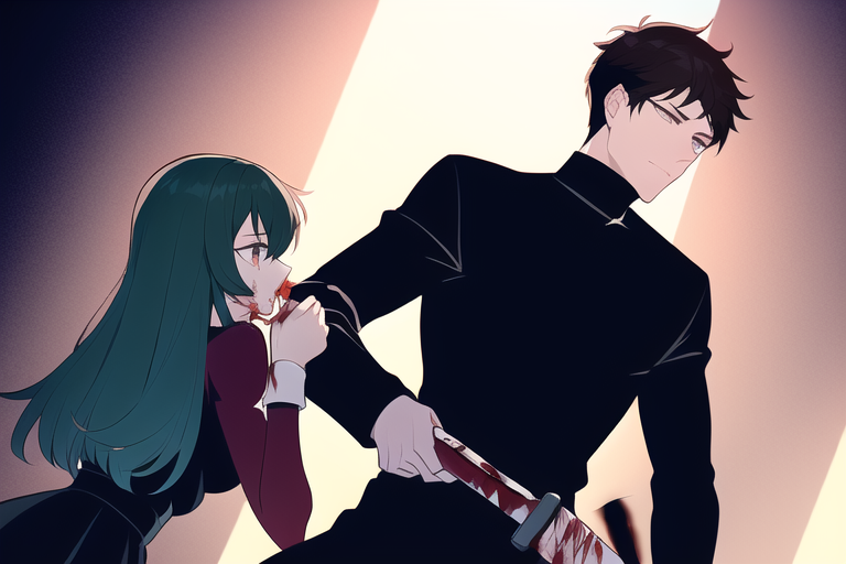 a brown haired man in a black turtleneck getting stabbed by a magical girl, 1gir s-3798616566.png