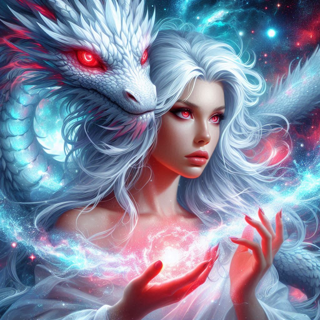 A cosmic beauty with white hair and red eyes, holding the energy of creation in her hands, wit...jpg
