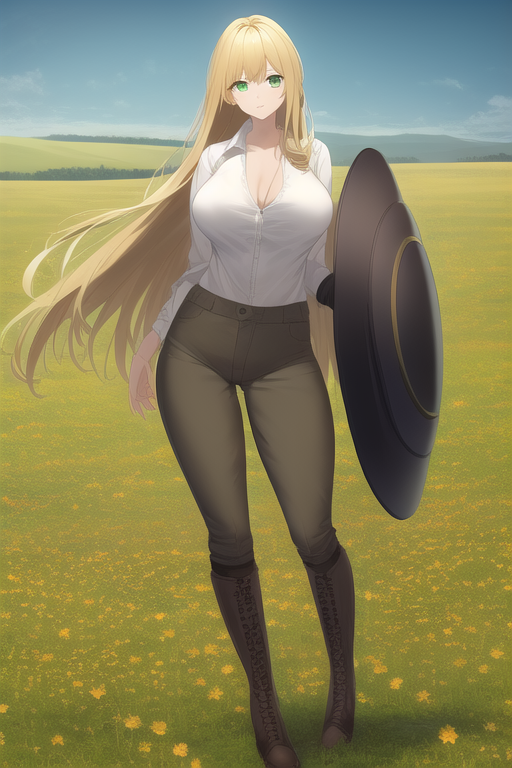 Green eyes,Cameltoe,Boots,Fields, field,Blonde hair, long hair, holding black sh s-2898383684.png