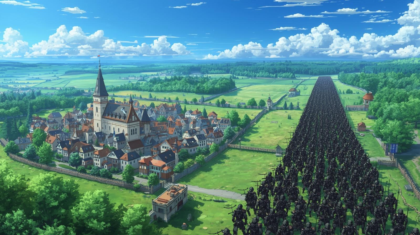 Now make me a picture of a bird eye view of a small beautiful medieval town, and there's a arm...jpg