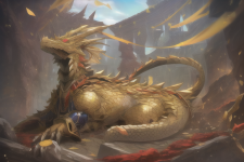 A regal dragon, sitting atop hoard with golden scales and many horns,{{dragon}}, s-544895549.png