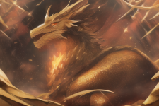 A regal dragon, sitting atop hoard with golden scales and many horns,dragon,gold s-3050941229.png