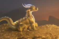 regal dragon, sitting atop hoard with golden scales and many horns,{{dragon}},go s-327616230.png