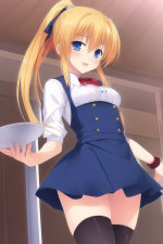 1girl, waitress uniform, stockings, miniskirt, ribbon, wristband, blue eyes, {or s-3031339669.png