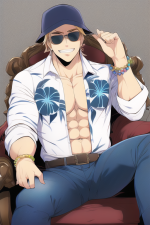 1man, [muscular male], {in the style of tite kubo},sitting on a throne, grin,{{ s-1709960976.png