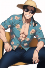 1man, [muscular male], {in the style of tite kubo},sitting on a throne, grin,{{ s-2144283936.png