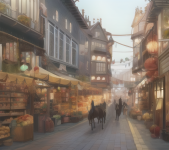 A group on horses that are sprinting through a somewhat populated market. One of s-1926988361.png