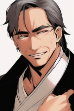 Elderly Japanese Butler. Smiling kindly at the camera with his right hand over h s-3309277855.png