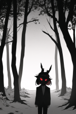 a horned rabbit stabbing through a white skinned, black hair — ponytail — male, s-3093417885.png